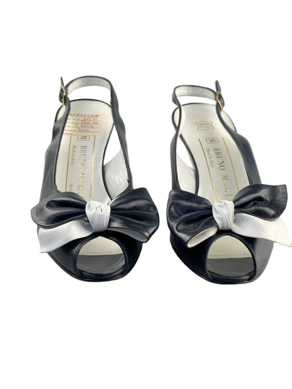 Bruno Magli Womens Black & White Leather Slingback Heels With Bow Detail Size 7A - Picture 2 of 15